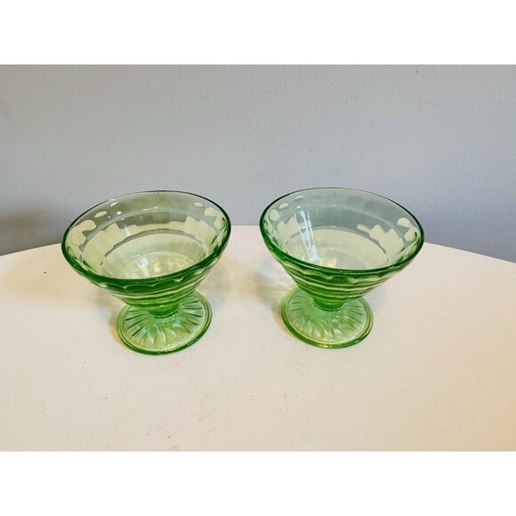 Anchor Hocking Block Optic Sherbet Dish x 2 Uranium Glass Vaseline Dish - Picture 6 of 10